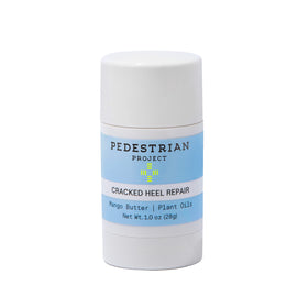 Pedestrian Project front jar view showing compact heel repair balm benefit portability