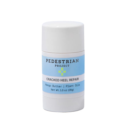 Pedestrian Project front jar view showing compact heel repair balm benefit portability