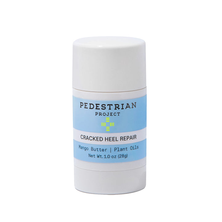 Pedestrian Project front jar view showing compact heel repair balm benefit portability