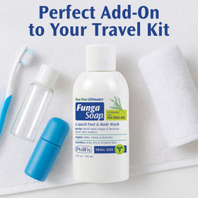 Pedifix FungaSoap inside a gym bag emphasizing quick post-workout cleansing