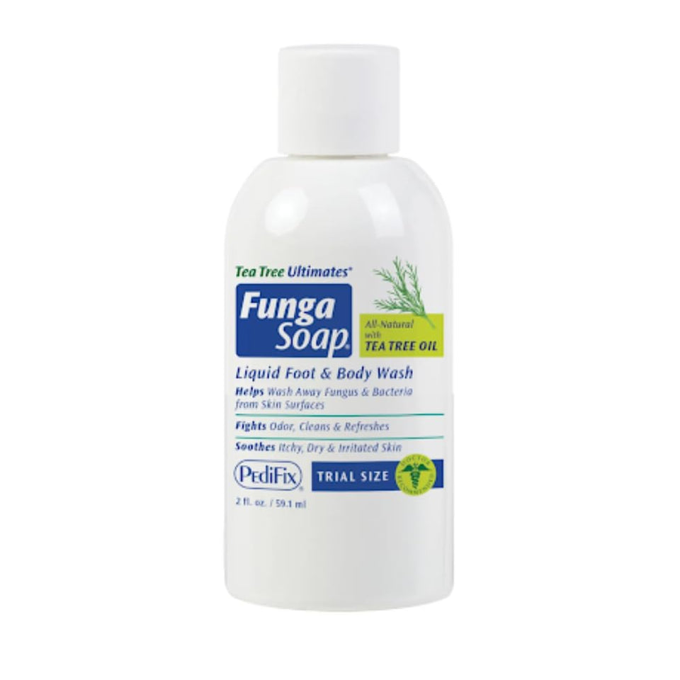 Pedifix FungaSoap travel bottle front label showing product name and size benefit