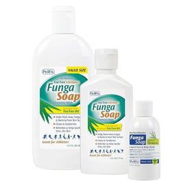 Pedifix FungaSoap beside larger bottles to compare sizes and confirm travel choice