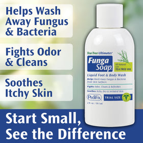 Pedifix FungaSoap among travel essentials flatlay demonstrating TSA-friendly convenience