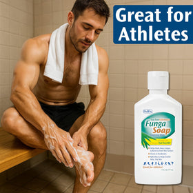 Pedifix placed beside gym bag showing compact 6 fl oz size for travel convenience
