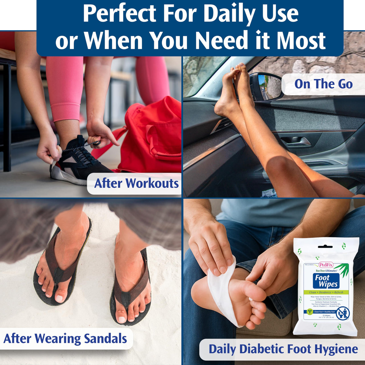 PediFix single unwrapped wipe in hand demonstrating ready-to-use convenience