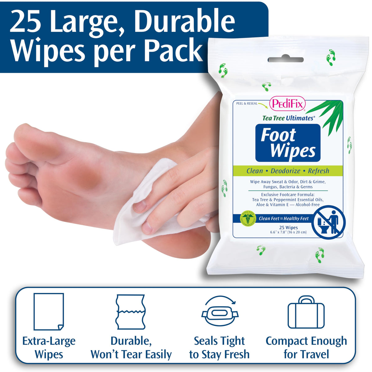 PediFix wipe being applied to foot for cooling and deodorizing relief