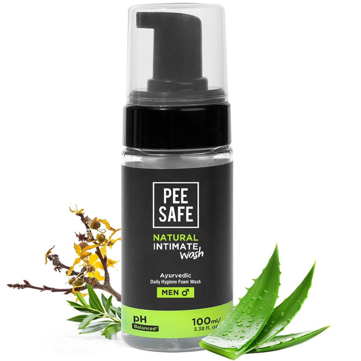 Pee Safe front packaging showing bottle that communicates gentle male intimate care