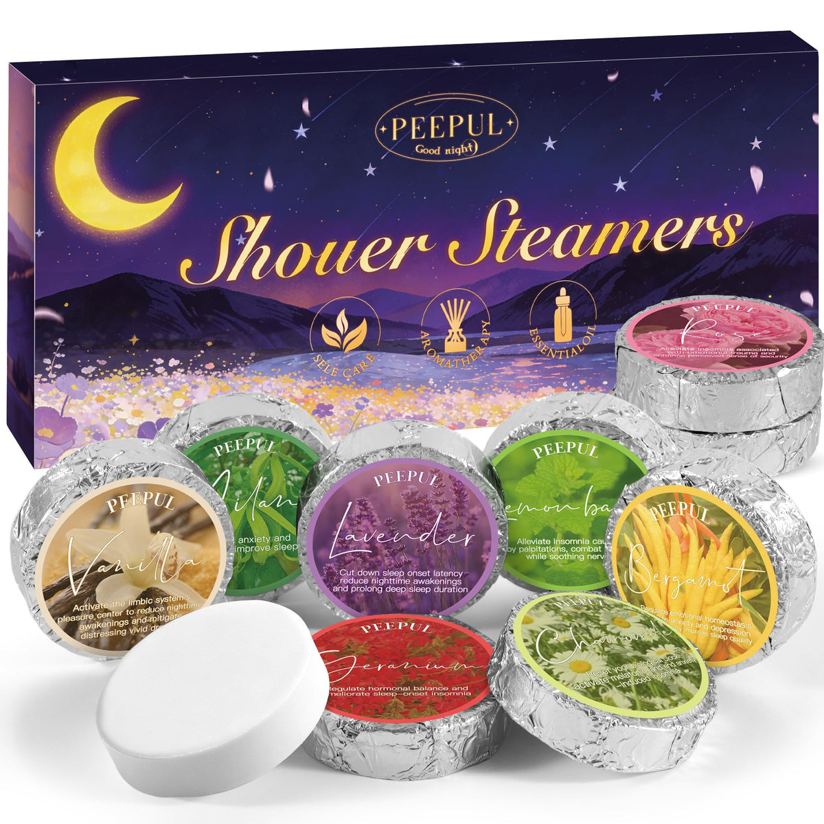 peepul front packaging showing ten aromatherapy shower steamers and gift-ready design