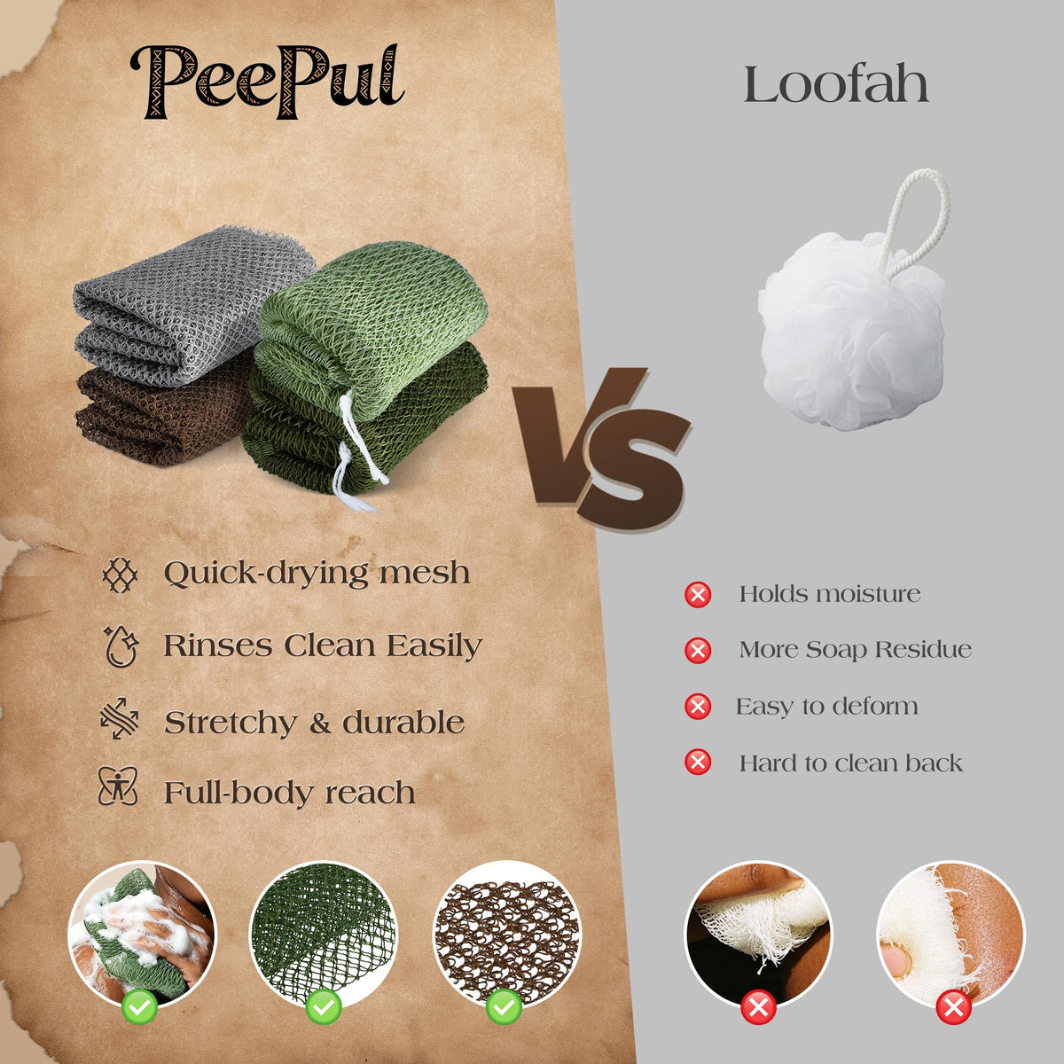 Peepul scrubbing cloth next to hand for clear size reference