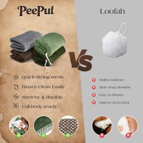 Peepul scrubbing cloth next to hand for clear size reference