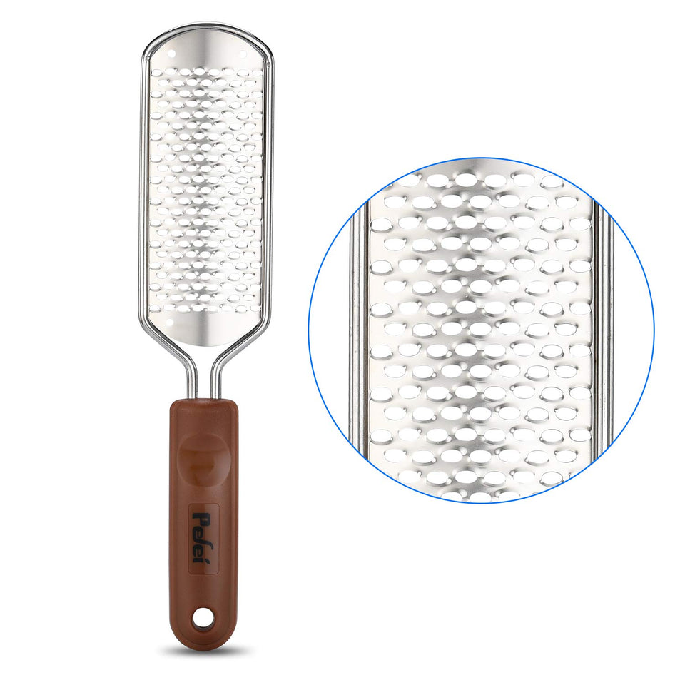 Pefei front view of stainless steel foot file showing full tool and rasp benefit