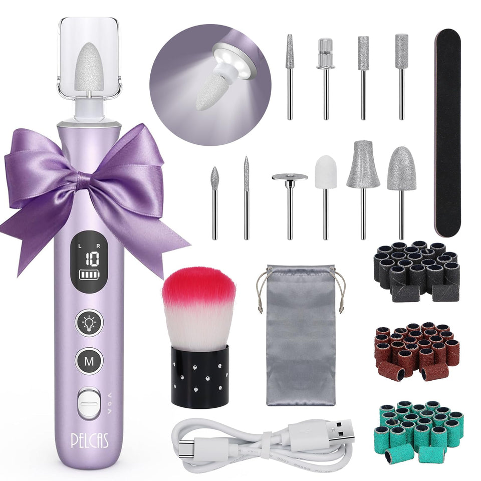 PELCAS front view of purple electric nail drill showing compact design and benefits