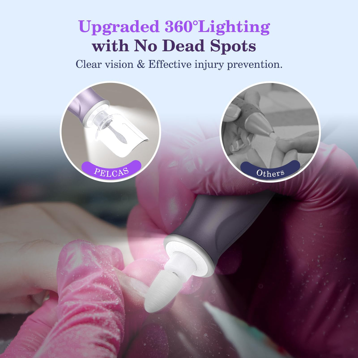 PELCAS LED-lit drill tip in use enabling precise, shadow-free nail work
