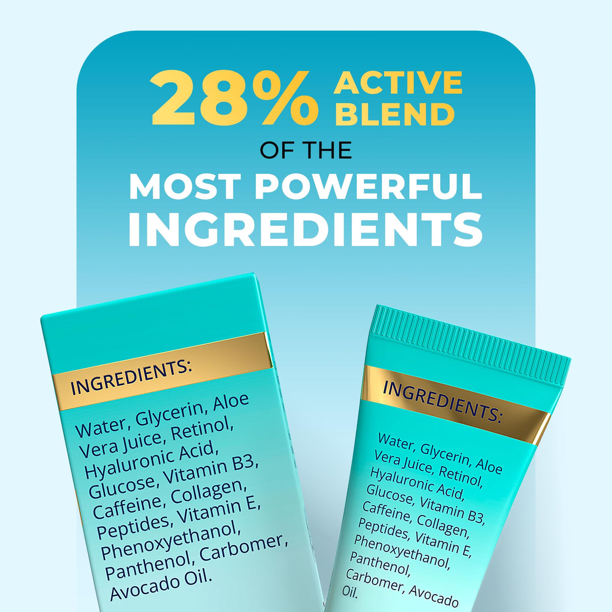 PENEBELLA ingredients label highlighting niacinamide, caffeine, retinol benefits