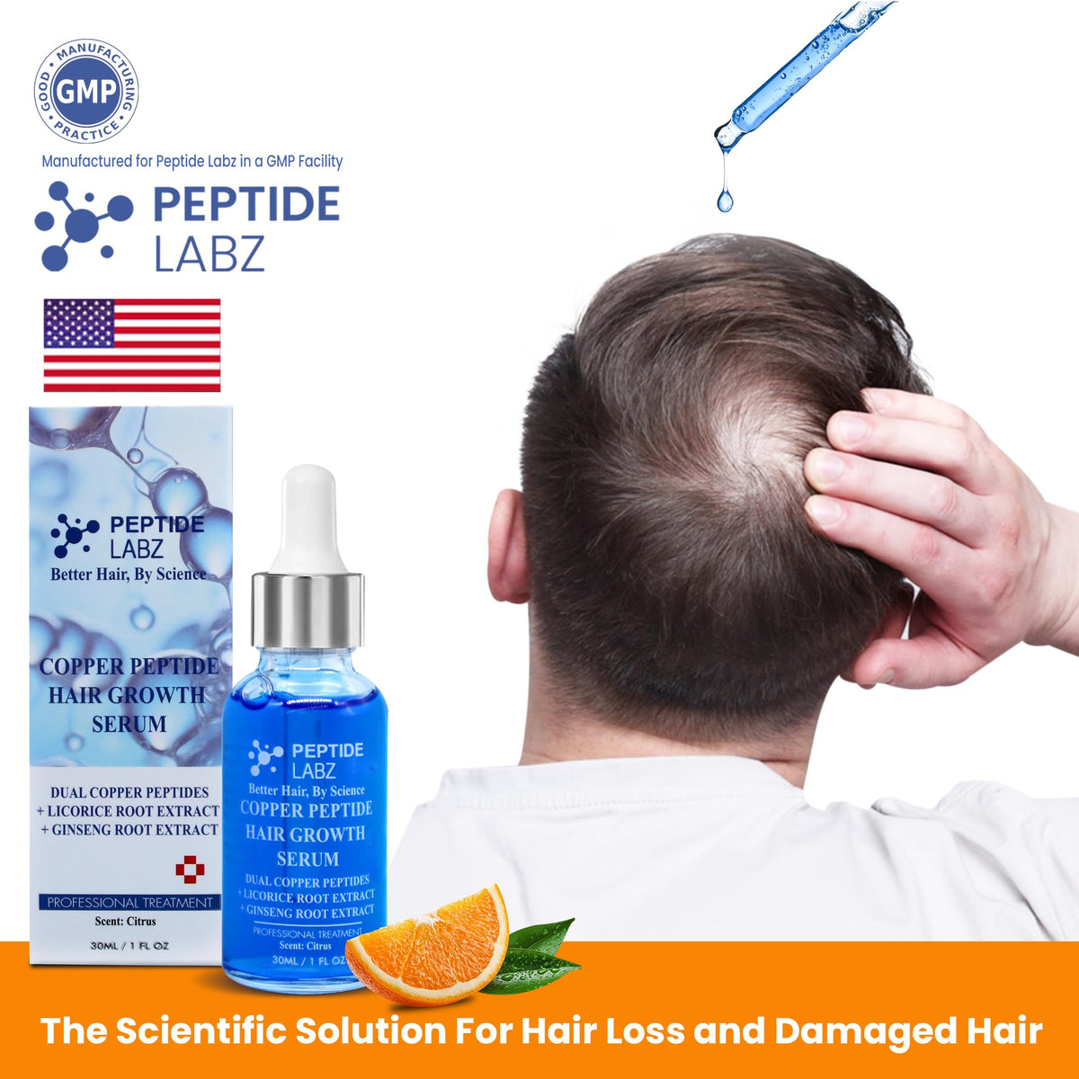 PeptideLabz bottle staged with citrus fruits conveying fresh citrus scent and natural appeal