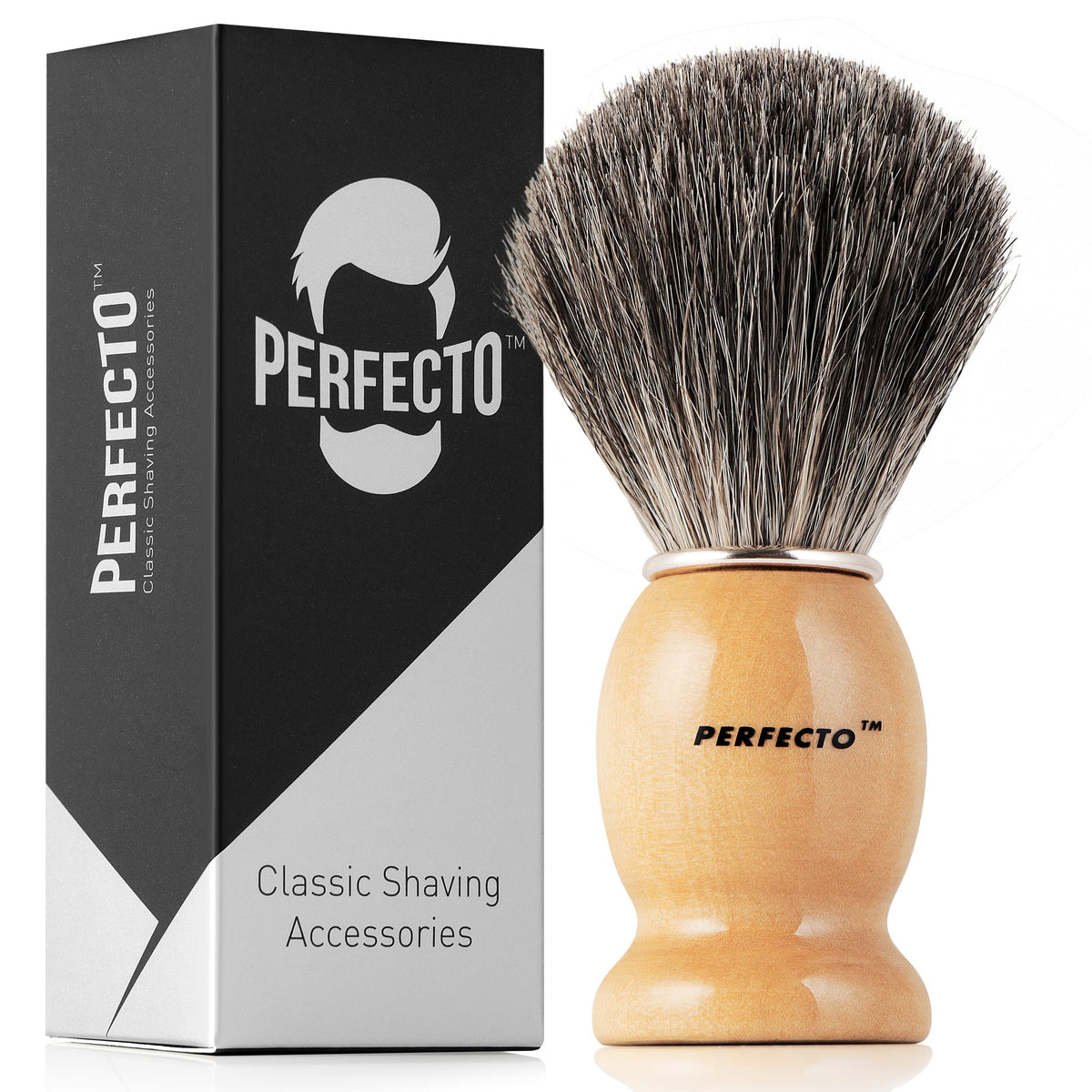 Perfecto front view shaving brush showing sleek design and durable build