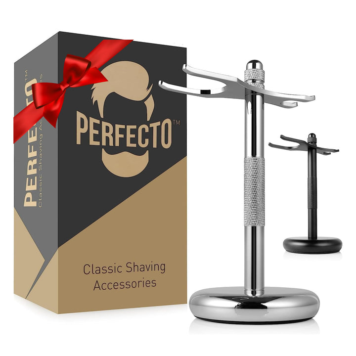 Perfecto chrome stand front view showing compact elegant storage and quick drying