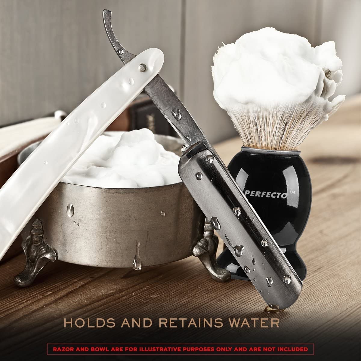 Perfecto in use applying lather to face illustrates gentle exfoliation during shaving
