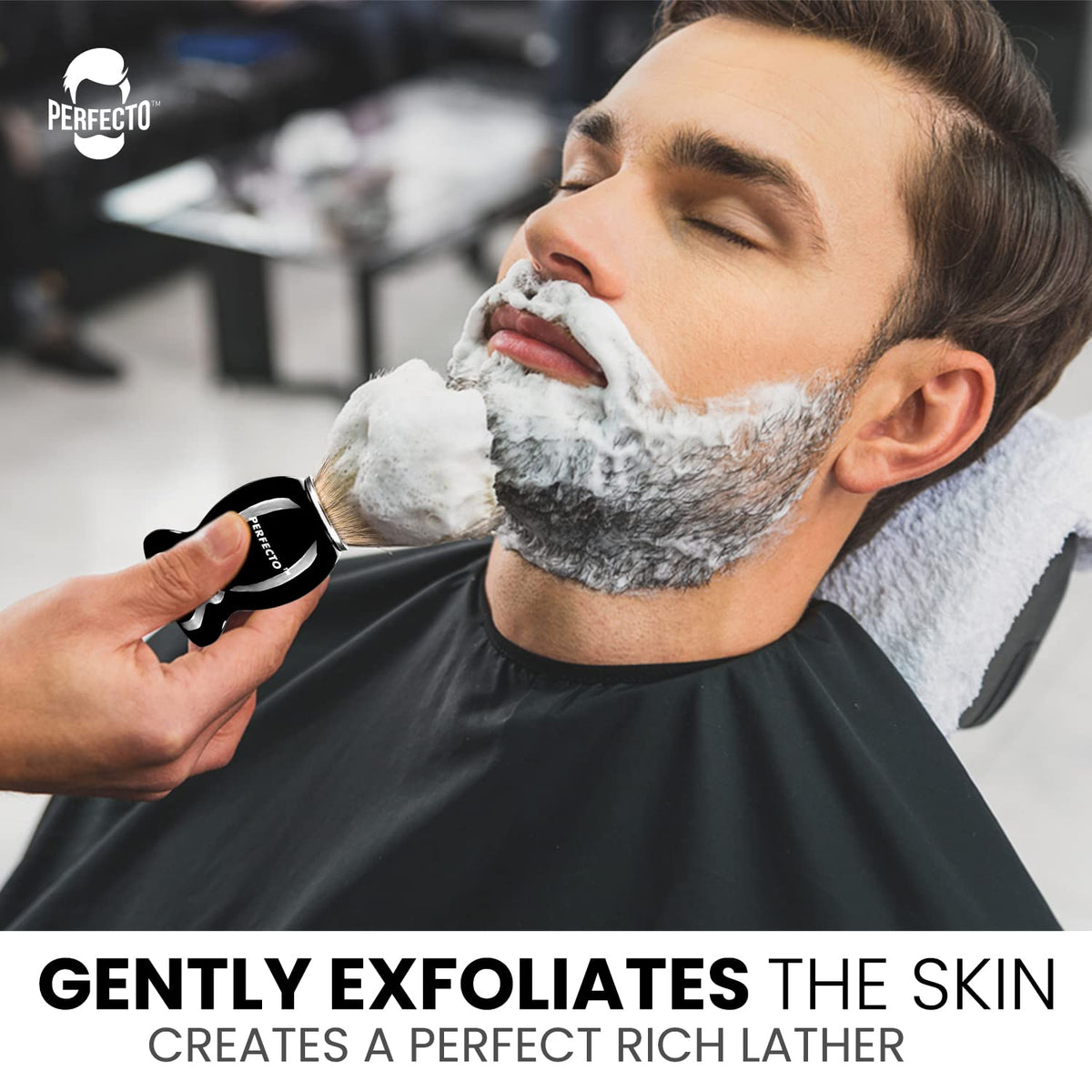 Perfecto lathering with shaving soap demonstrates rich foam generation benefit