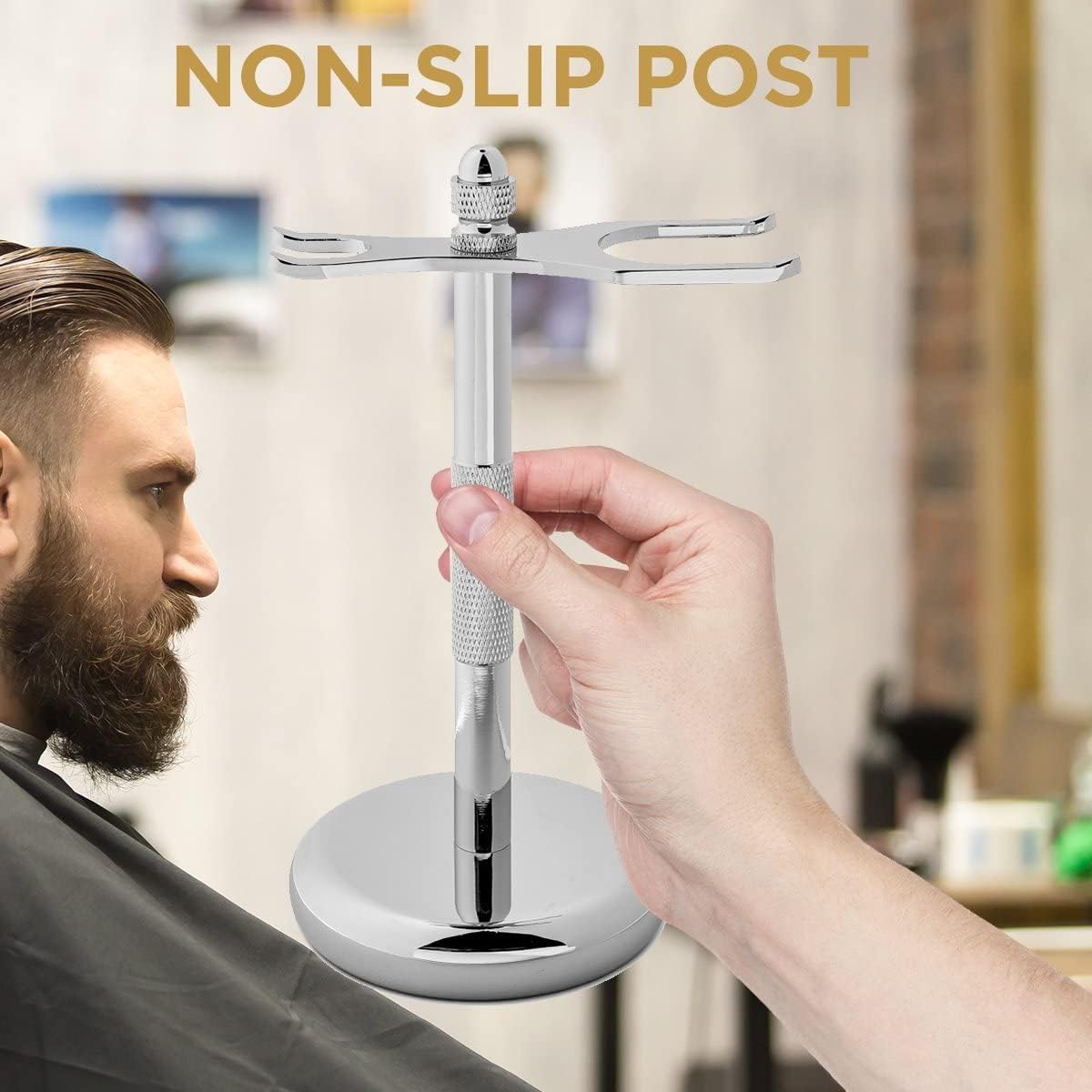 Perfecto next to common razor and brush to show real-world size comparison