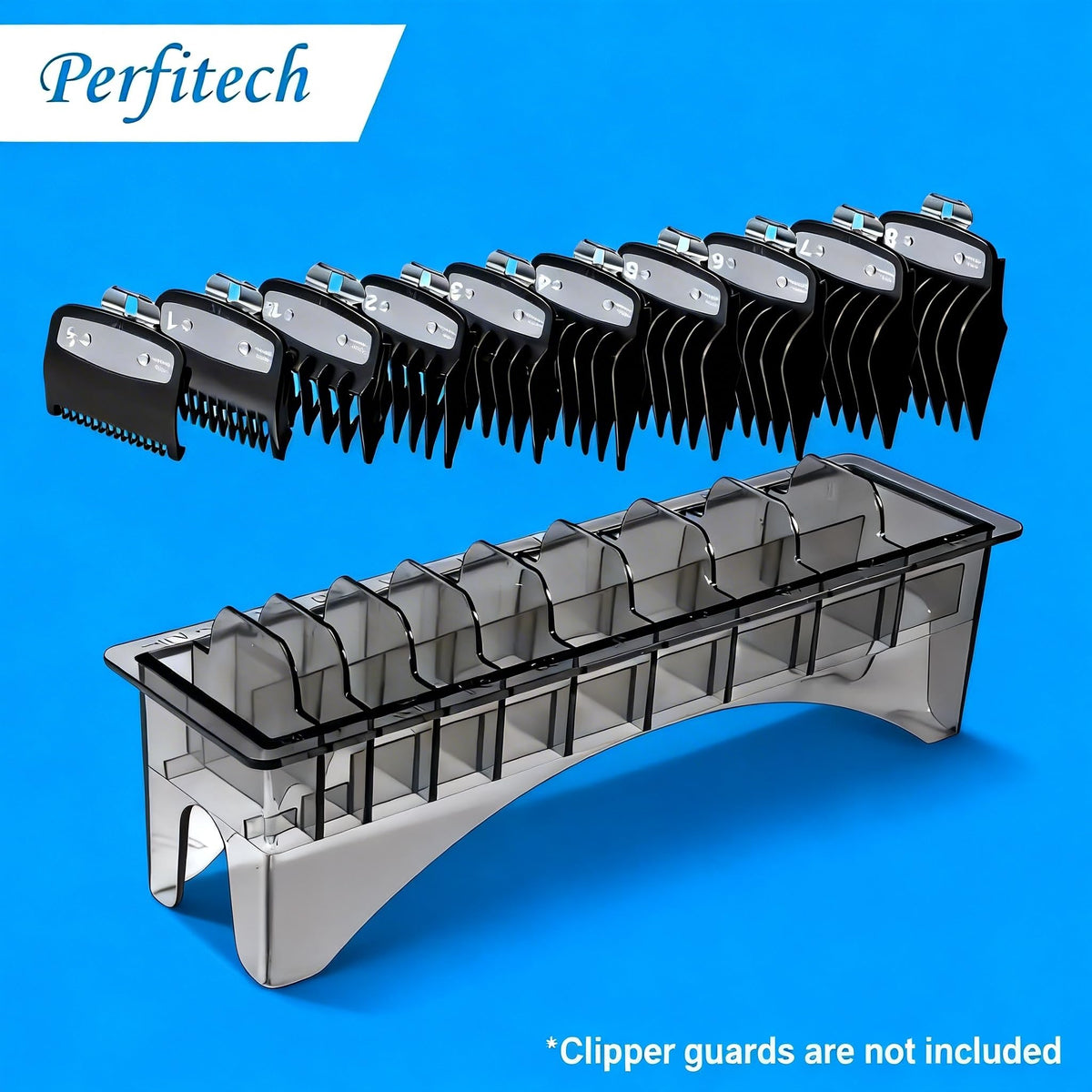 Perfitech holder on salon counter near clippers for efficient barber station setup