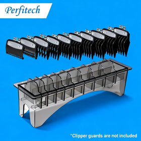 Perfitech holder on salon counter near clippers for efficient barber station setup