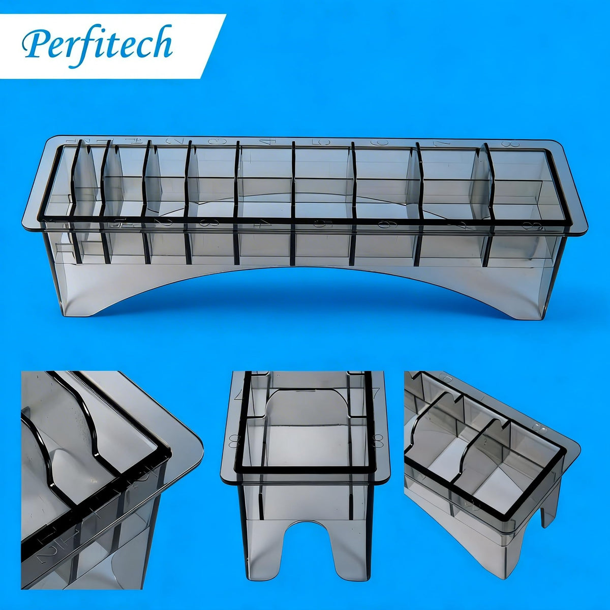 Perfitech holder next to ruler showing dimensions and quick fit confirmation benefit