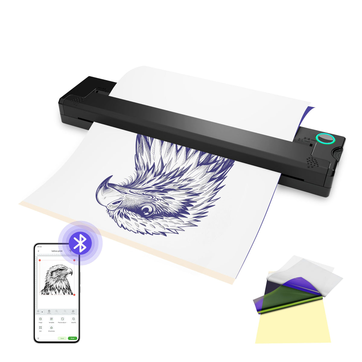 PeriPage P90 front view showing compact housing and paper slot, enabling quick stencil prints
