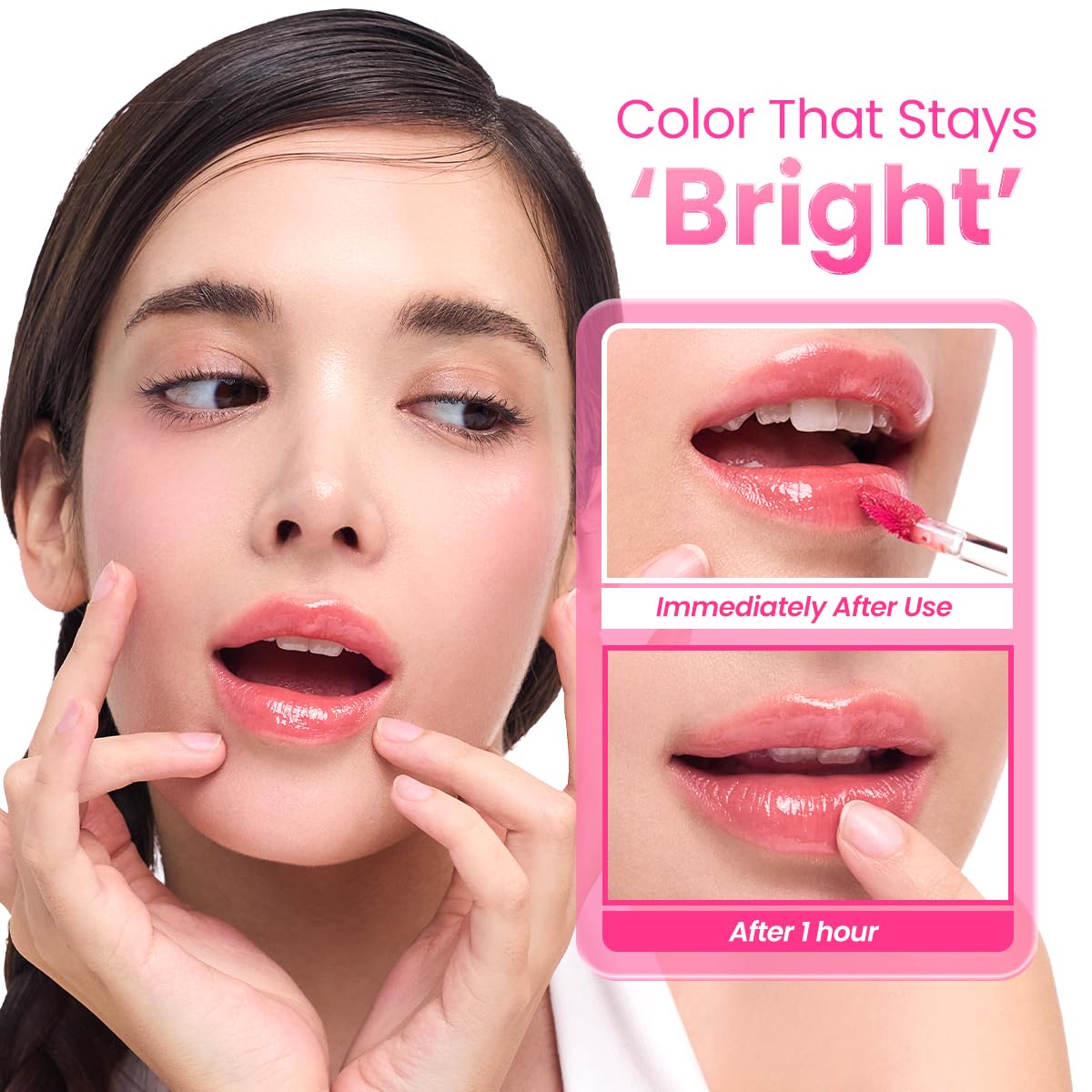 Peripera layered lip look showing buildable color intensity and shine