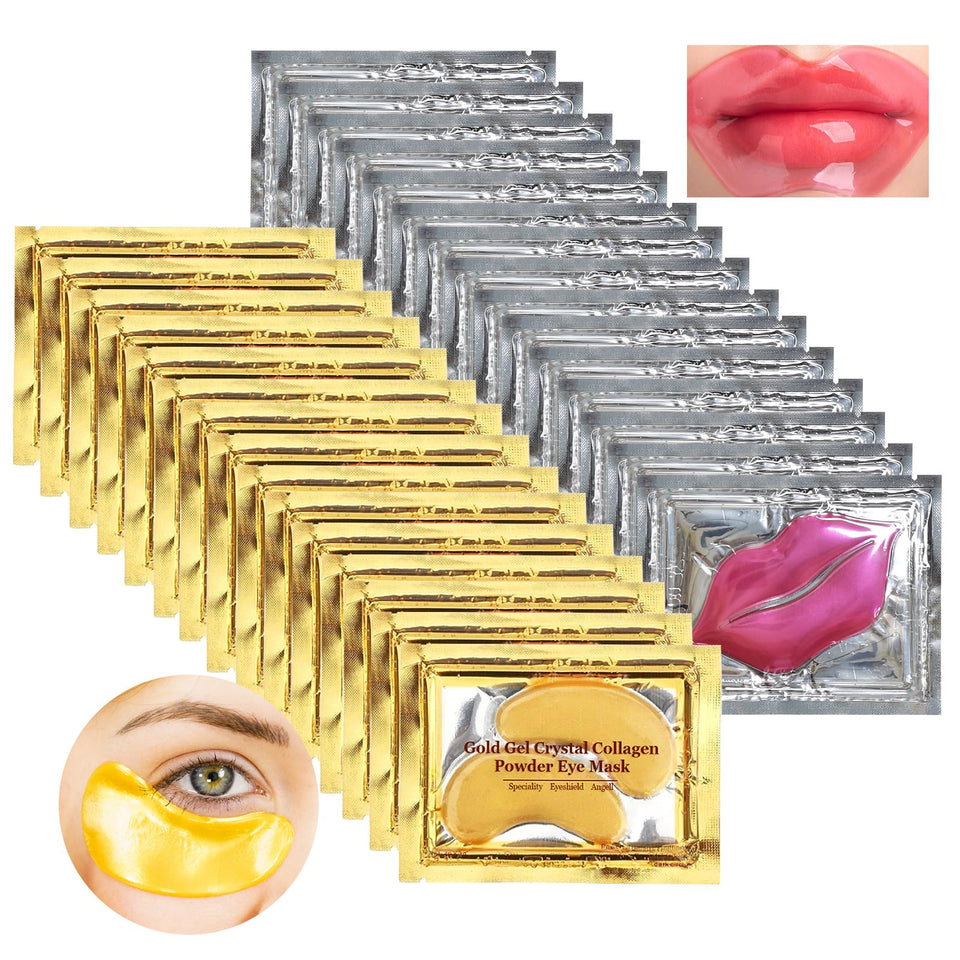 Permotary front packaging showing the 30-pair gold eye and lip mask set with clear benefits