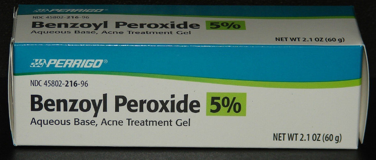 Perrigo 5% benzoyl peroxide tube front view showing label and clear gel benefit