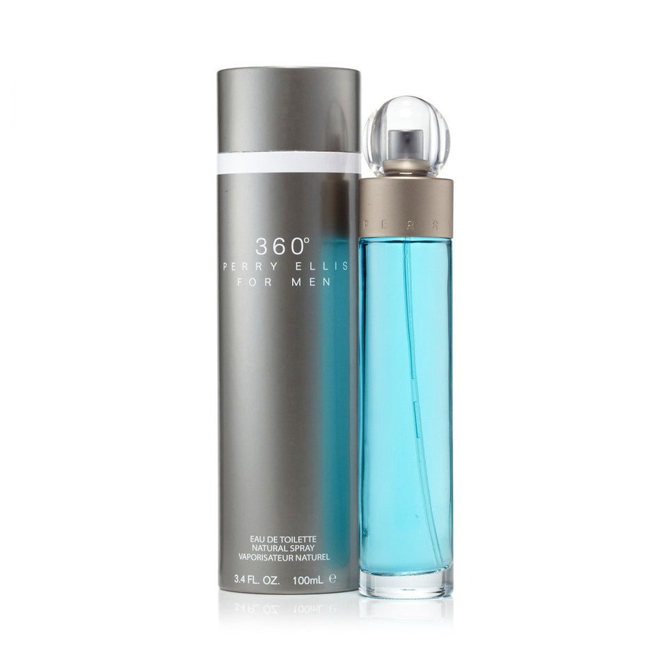 Perry Ellis 360 front bottle close-up showing label and spray, conveys confident daytime freshness