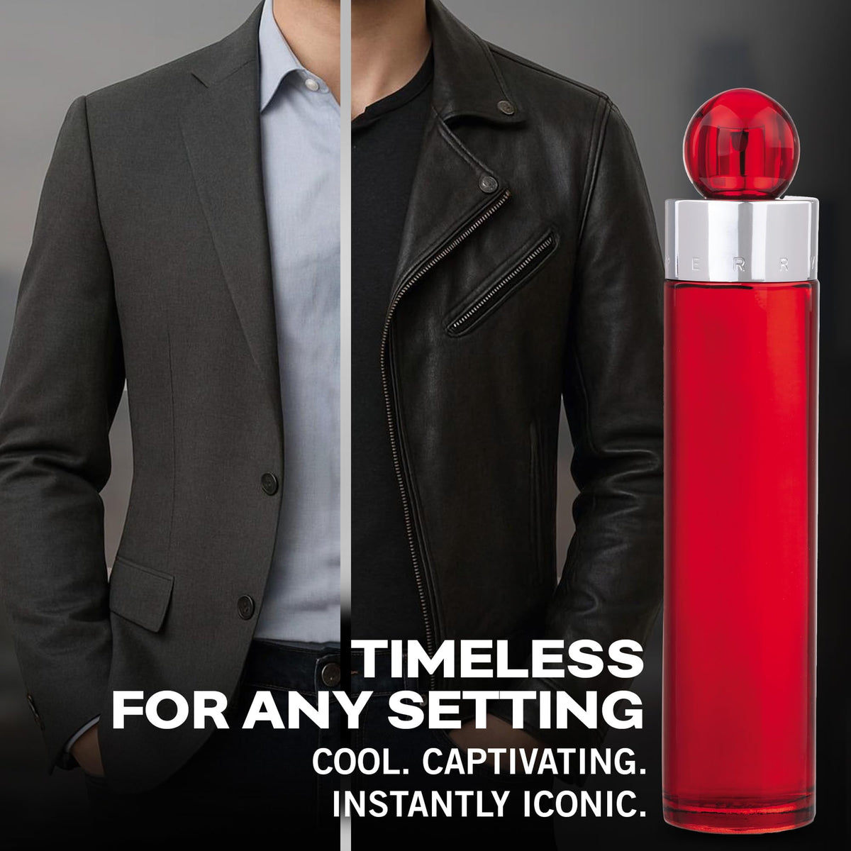Model spraying Perry Ellis 360° Red for evening wear, projecting attractive warmth