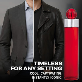 Model spraying Perry Ellis 360° Red for evening wear, projecting attractive warmth