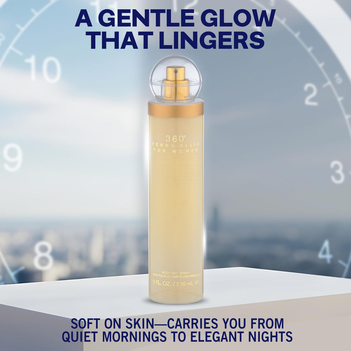 Perry Ellis mist being sprayed on wrist demonstrating easy, all-over application