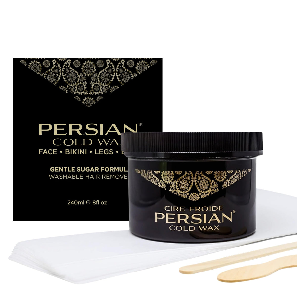 Persian cold wax jar front view showing natural packaging and clear label benefit