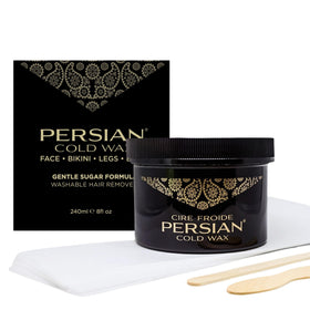 Persian cold wax jar front view showing natural packaging and clear label benefit