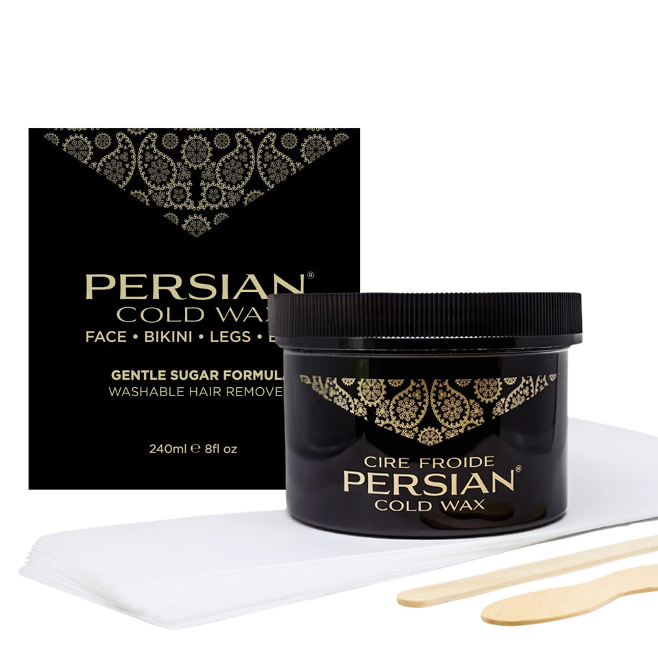 Persian cold wax jar front view showing natural packaging and clear label benefit
