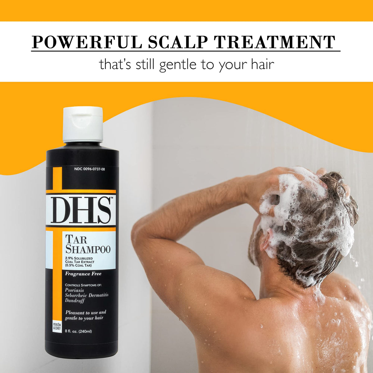 Person & Covey DHS Tar Shampoo pouring and lather close-up for effective coverage