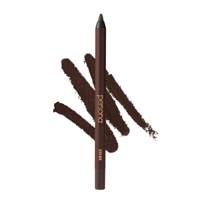 PERSONA brown pencil front view showing slim barrel and color, easy application benefit
