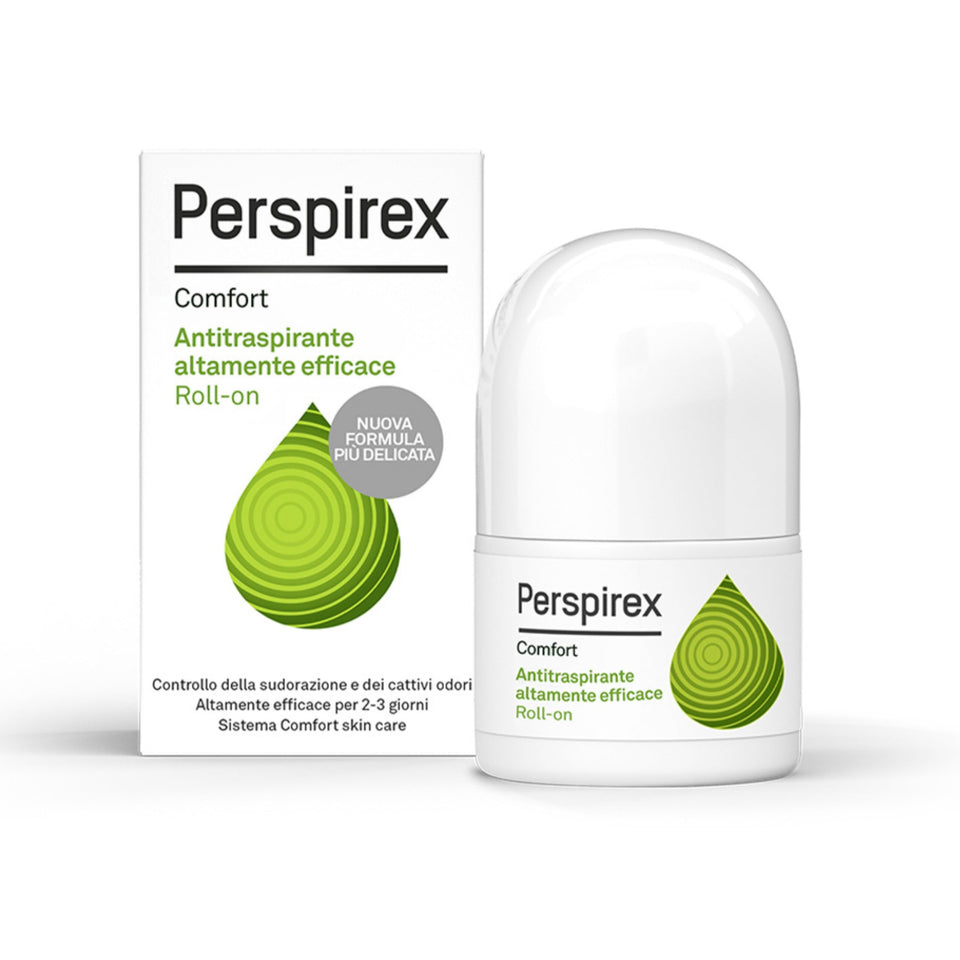 PerspireX Comfort roll-on front view showing compact clinical packaging and travel benefit
