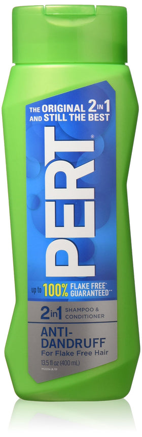 Pert front packaging pair showing 13.5 oz bottles and flake control benefit