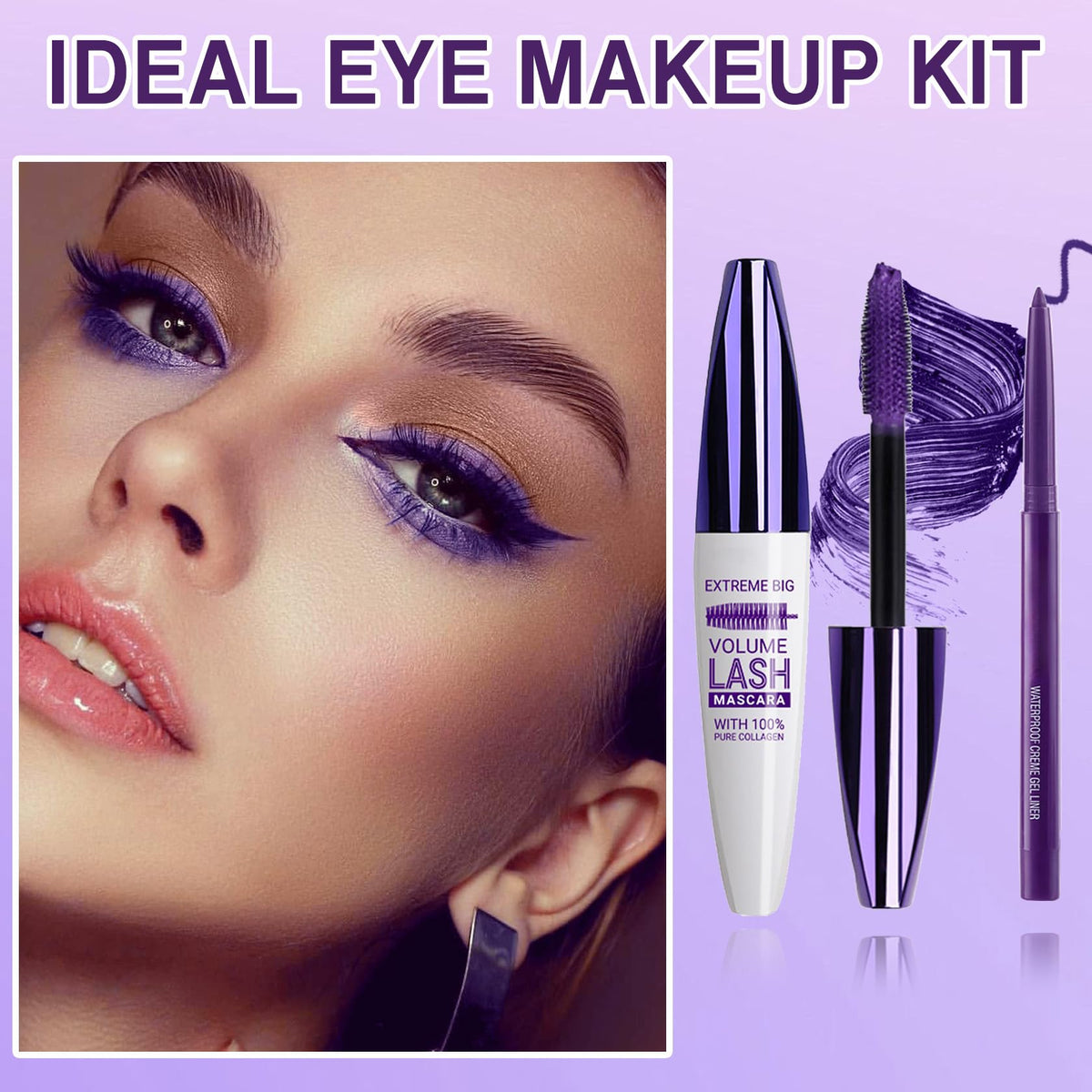 PERVALA model wearing purple mascara and liner, enhances eye color with bold finish