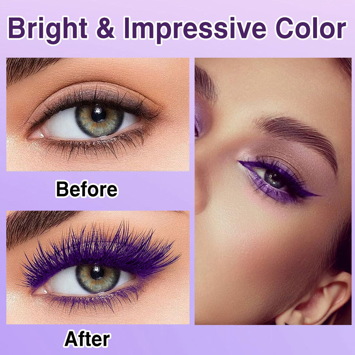 PERVALA purple mascara applied on lashes, instantly lengthens and adds vivid color