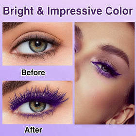 PERVALA purple mascara applied on lashes, instantly lengthens and adds vivid color