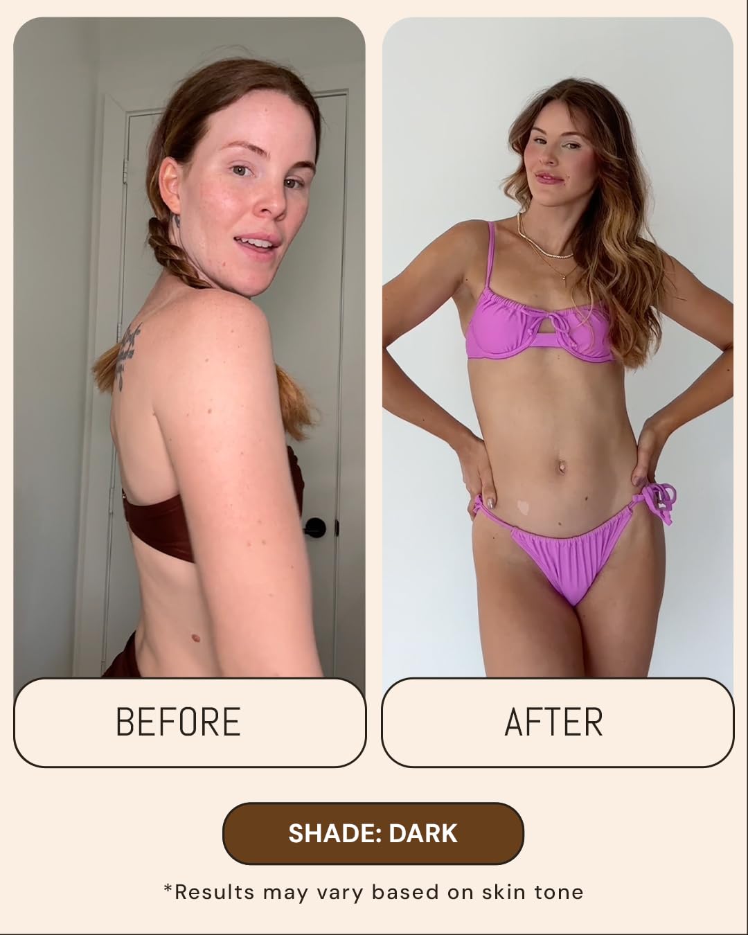 Peta Jane before and after leg comparison showing natural-looking bronze
