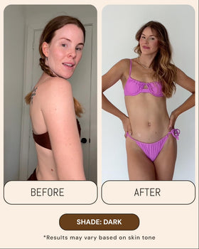 Peta Jane before and after leg comparison showing natural-looking bronze