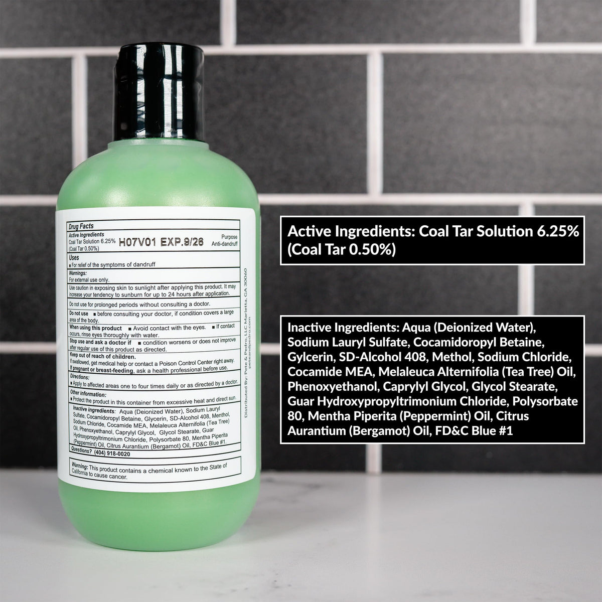 Peppermint leaves and tea tree oil visual beside bottle, Pete & Pedro refreshing scalp benefit