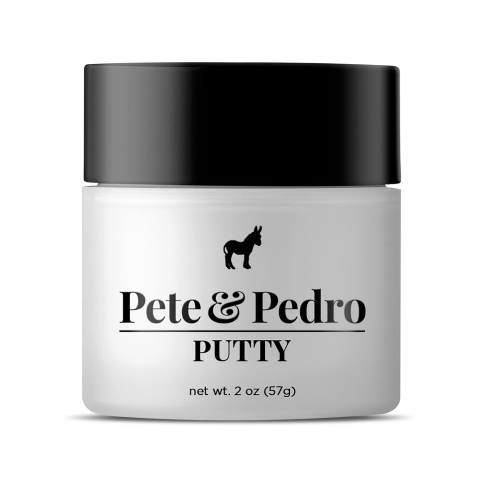 Pete & Pedro jar front view showing compact 2 oz travel-friendly styling putty