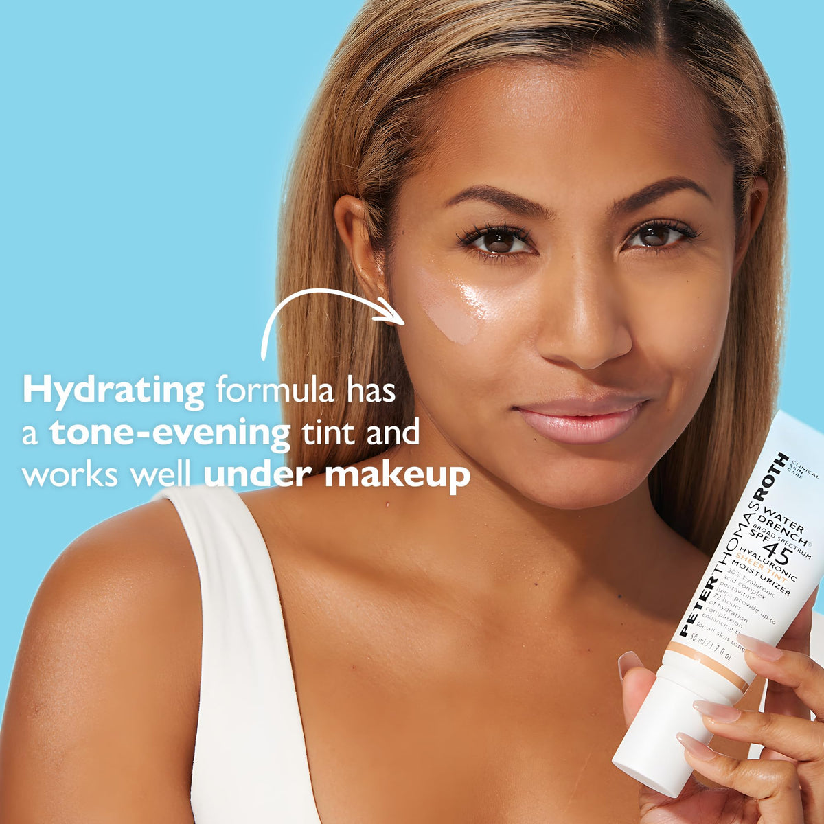 Peter Thomas Roth swatch on hand showing sheer tint and blendability benefit